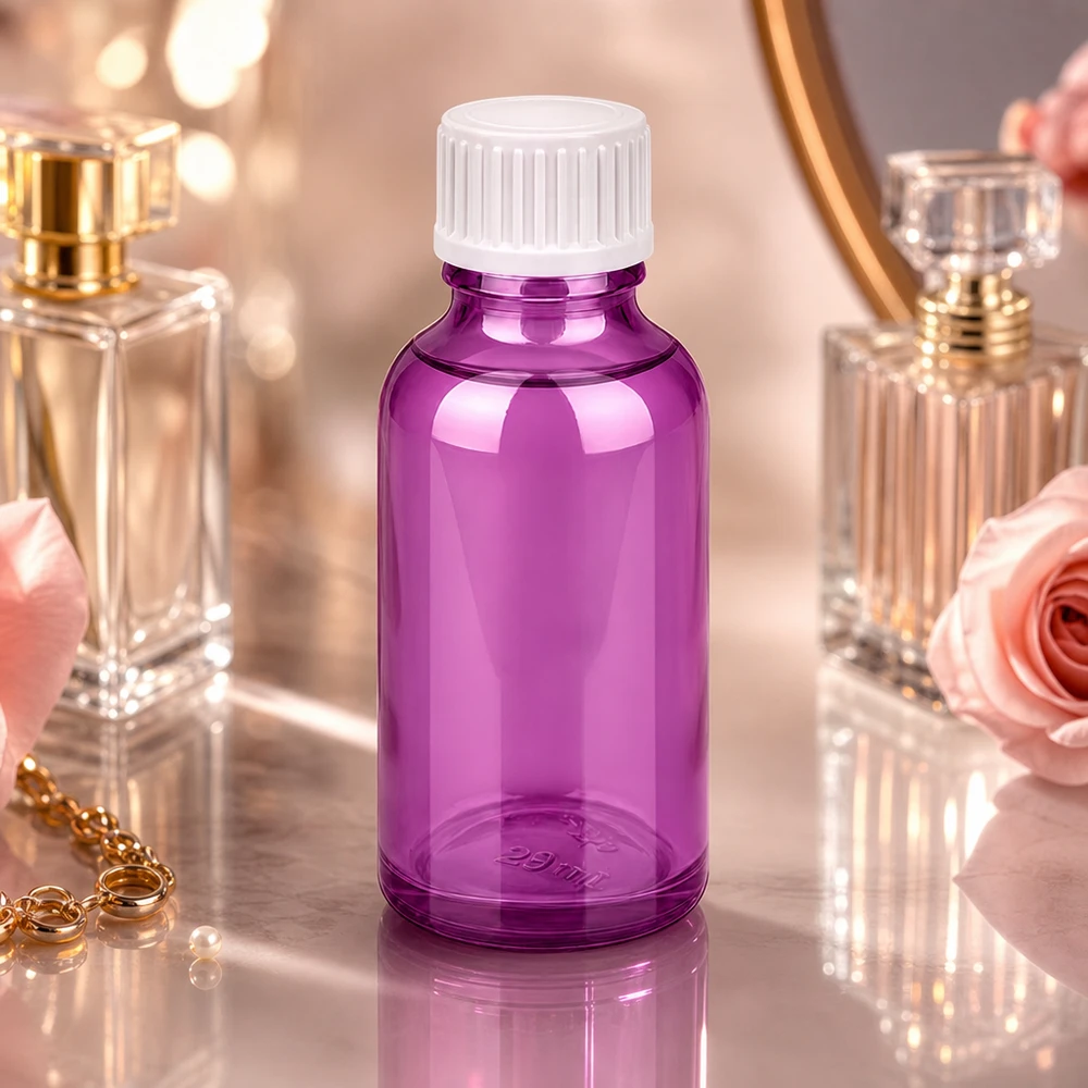 Flacon de 30ml (globules). Anneau de coulée 3mm blanc Standard PurpleLine. UT18/30 Flacon en verre violet de 30 ml avec bouchon à vis - protection optimale contre les UV pour les contenus sensibles à la lumière