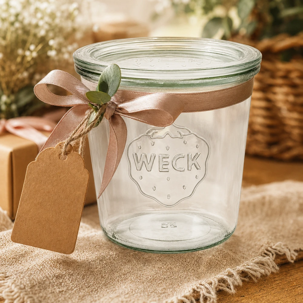 Bocal en verre de 580 ml avec couvercle en verre WECK RR100 WECK Verre renversé 580ml RR100 décoré avec un ruban brun et une étiquette cadeau comme idée d'emballage cadeau