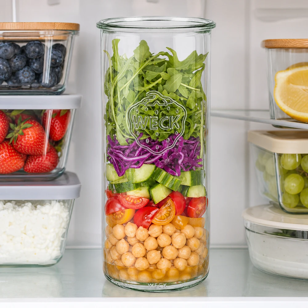 Bocal en verre WECK RR100 de 1 500 ml WECK RR100 Pot renversé 1500ml avec salade stratifiée de pois chiches, légumes et feuilles vertes en cuisine blanche