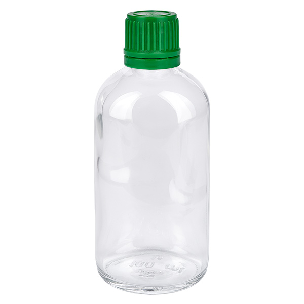 Flacon 100ml 11mm SV vert OV ClearLine UT18/100 Flacon en verre transparent de 100 ml avec bouchon à vis vert, 11 mm, flacon de laboratoire ClearLine UT18