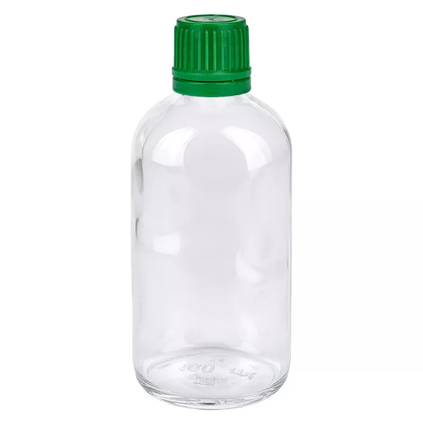 Flacon 100ml 11mm SV vert OV ClearLine UT18/100 Flacon en verre transparent de 100 ml avec bouchon à vis vert, 11 mm, flacon de laboratoire ClearLine UT18