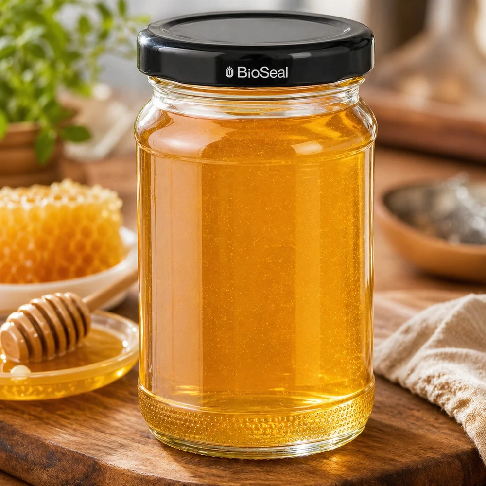 UNiTWIST Runda110 rempli de miel doré - couvercle noir TO48 BioSeal - pot à miel avec cuillère en bois et nid d'abeille