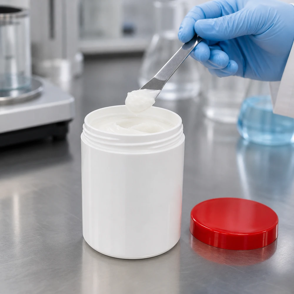 Pot médical de 300 g en plastique blanc avec couvercle en PP rouge ouvert