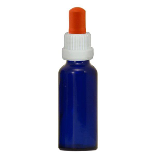 Flacon bleu 30 ml + pipette rouge et blanche à système d'inviolabilité