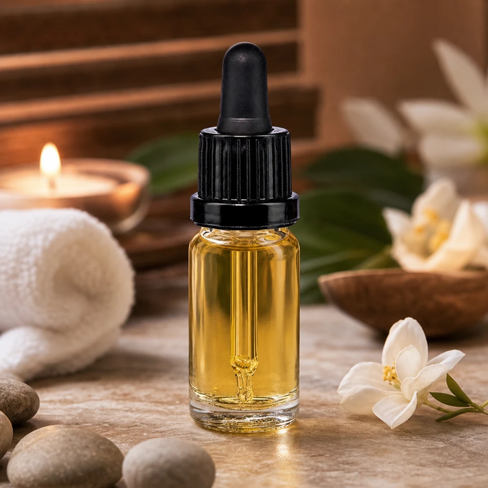 Flacon en verre de 10 ml muni d'un bouchon-pipette noir et contenant de l'huile dorée, posé sur une pierre naturelle ornée de fleurs blanches