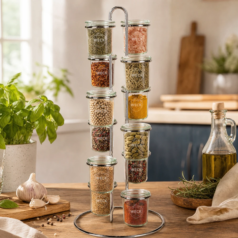 Support de service Vertico12 pour 12 bocal de verre WECK Présentoir à épices Vertico12 avec 12 bocaux WECK remplis d'herbes et d'épices sur plan de travail en bois dans une cuisine moderne