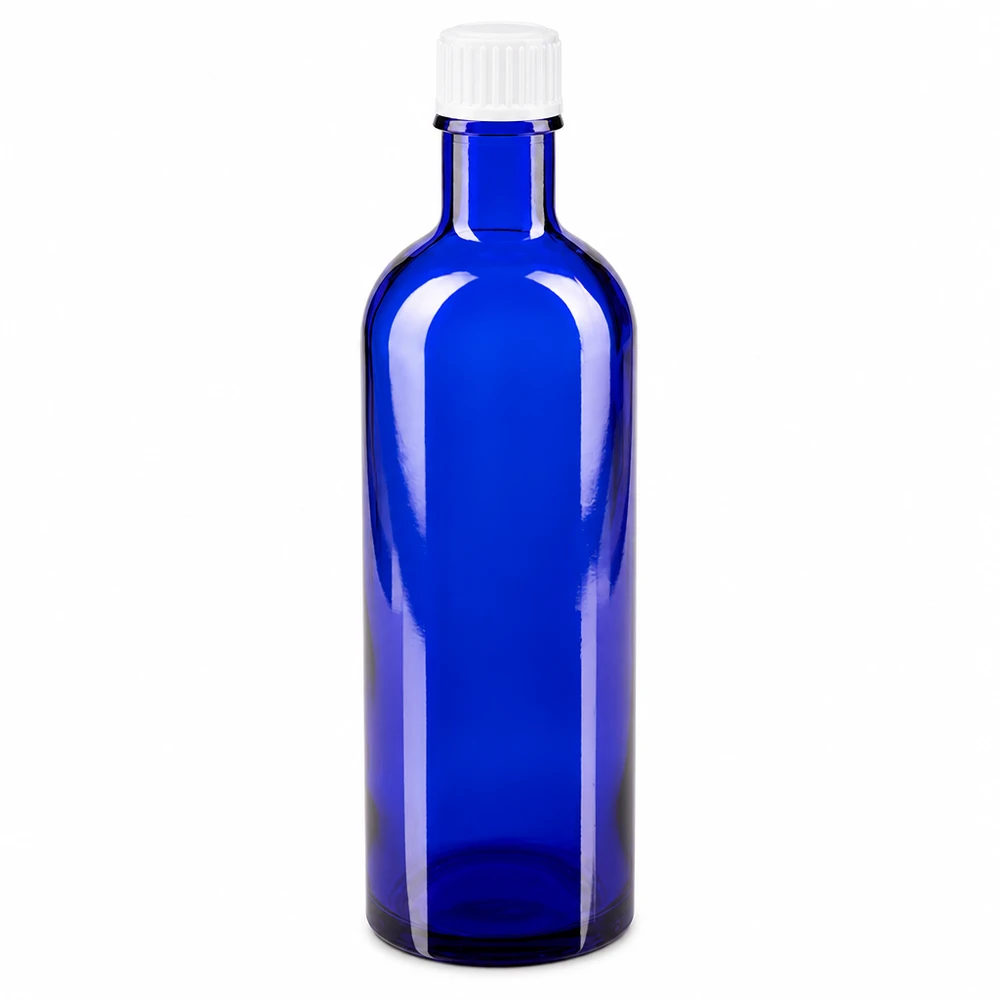 Flacon de pharmacie bleu 200ml bouchon vissable blanc standart Flacon en verre bleu cobalt de 200 ml avec bouchon à vis blanc à sécurité enfant