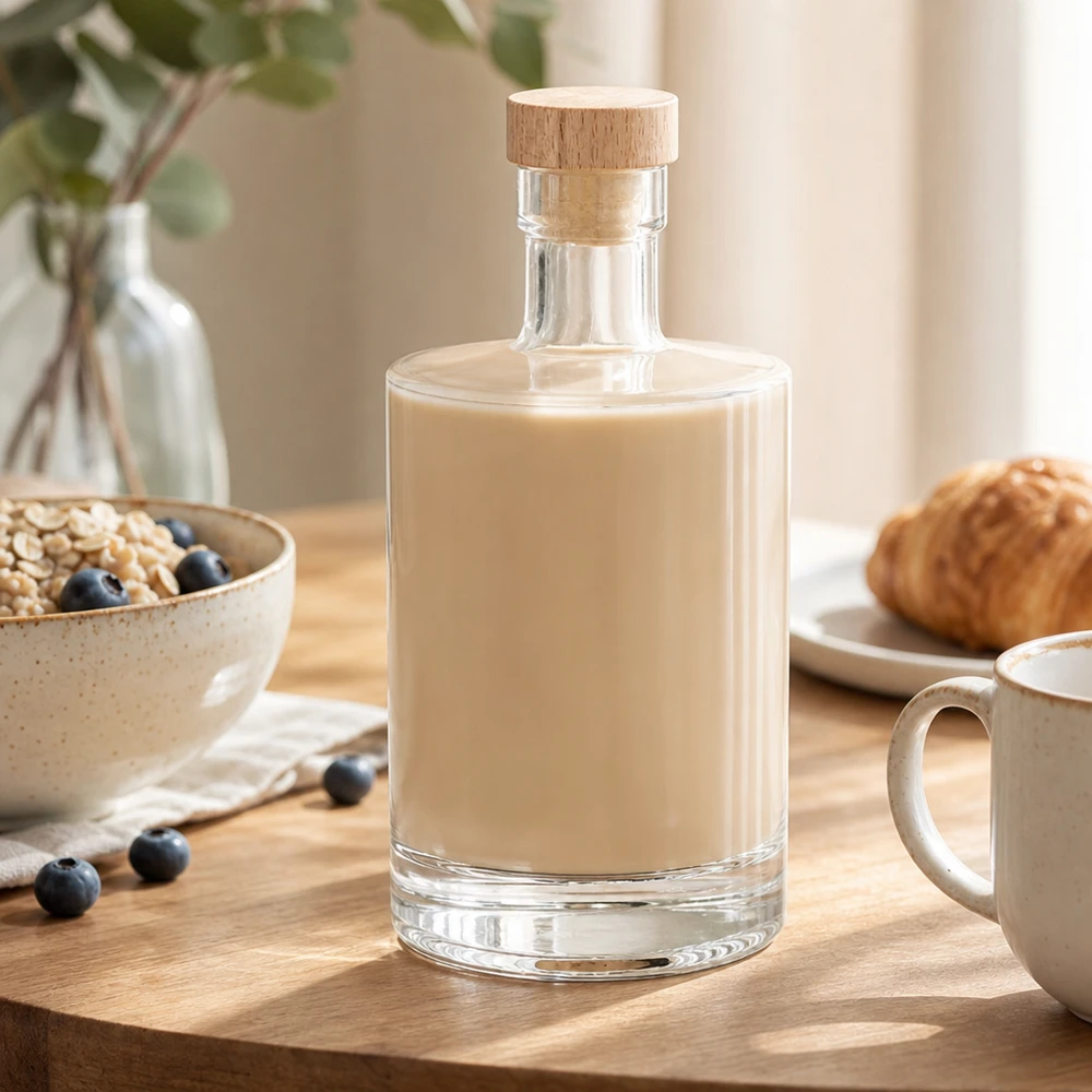 Bouteille en verre 500 ml « 500ml Glasflasche "Marie" mit Holzgriff-Korken UNiTWIST » avec bouchon en bois UNiTWIST® Bouteille en verre Marie de 500ml remplie de liqueur crémeuse - bouchon en bois UNiTWIST - Décor de table de petit déjeuner avec céréales