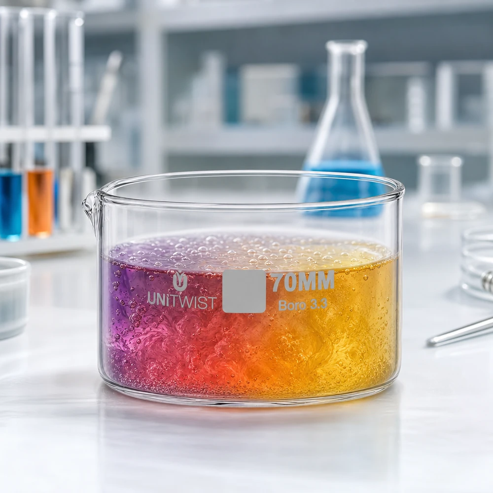Cristallisoir ø70mm verre borosilicaté UNiTWIST UNiTWIST Cuve de cristallisation ø 70 mm, verre borosilicaté 3.3, avec solution multicolore moussante, environnement de laboratoire