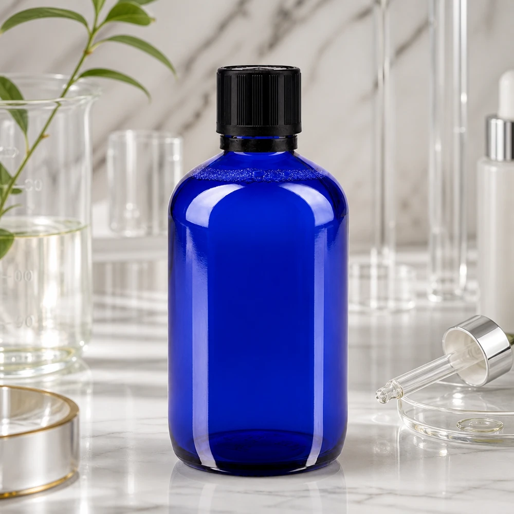 Flacon de pharmacie bleu 100ml bouchon inviolable 1mm noir sécurité enfant adapté aux aveugles bouchon inviolabilité Flacon en verre d'apothicaire bleu cobalt de 100 ml, muni d'un bouchon à vis noir et d'un gradué précis au millimètre près