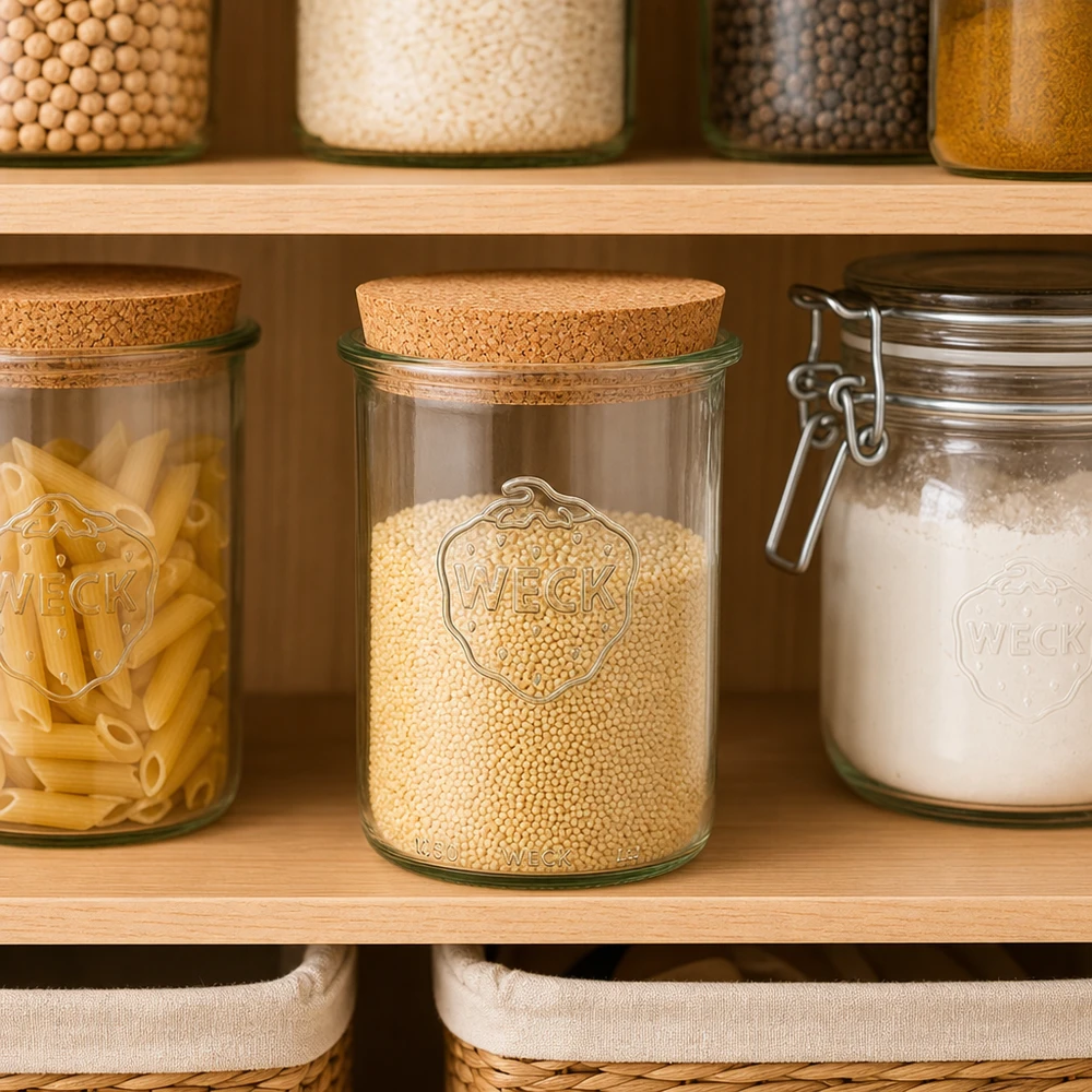 1000ml bocal conique WECK RR100 avec bouchon nature WECK Sturzglas RR100 1000ml mit Korkdeckel in organisierter Vorratsküche Pantry mit Getreide Pasta und Mehl