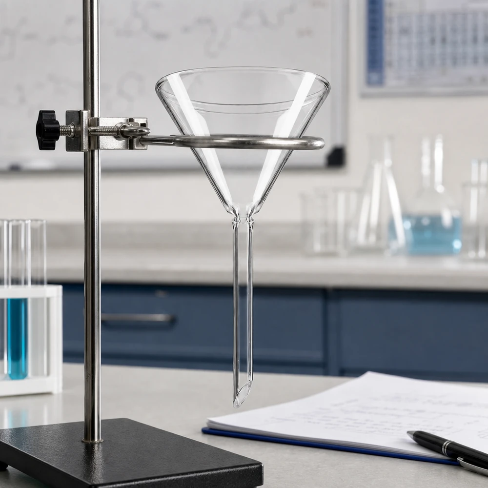 Entonnoir en verre de précision avec ouverture de 70 mm et manche court pour un dosage exact en laboratoire et en chimie