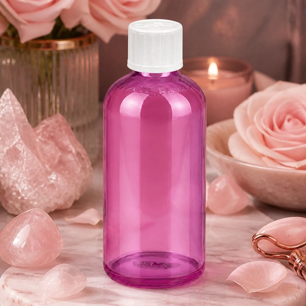 Flacon compte-gouttes 100ml 1,2mm blanc standard sécurité enfant PurpleLine. UT18/100 Bouteille en verre robuste de 100 ml avec ouverture de dosage de 1,2 mm, pourpre élégant, pour les cosmétiques DIY