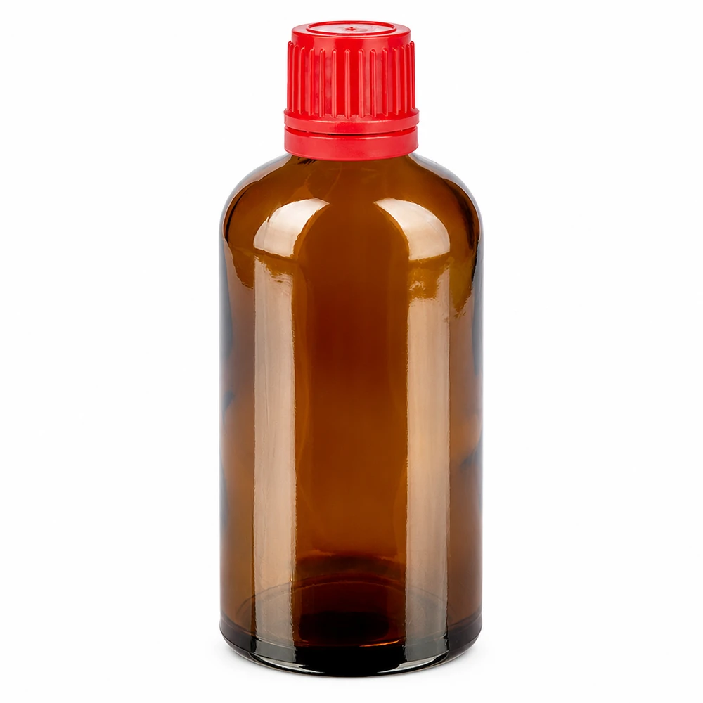 Flacon 100ml 11mm SV rouge OV BrownLine UT18/100 Flacon de pharmacie compact en verre anti-UV - capacité 100 ml avec bouchon rouge d'origine