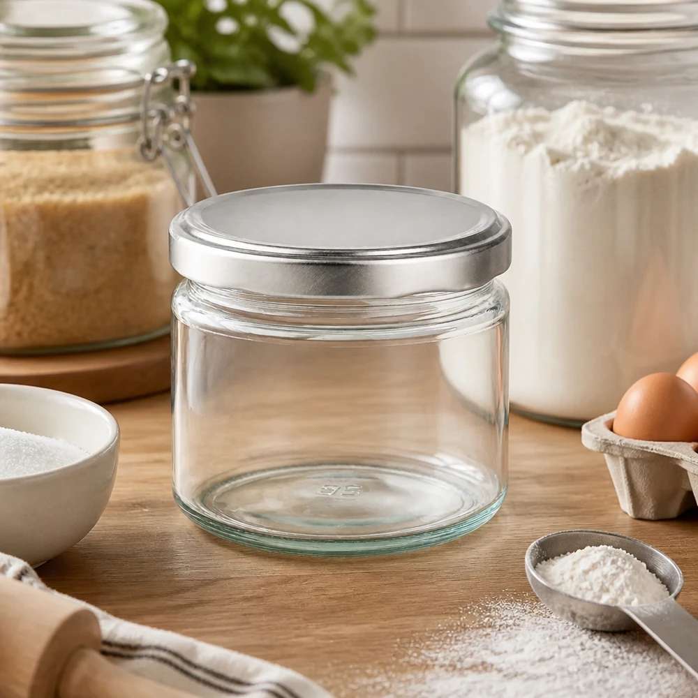 330ml Verre rond avec couvercle BasicSeal argent UNiTWIST Pot rond de 330ml avec couvercle BasicSeal vide entre les ingrédients de cuisson sur table en bois Pot de conservation pour la cuisine et la pâtisserie