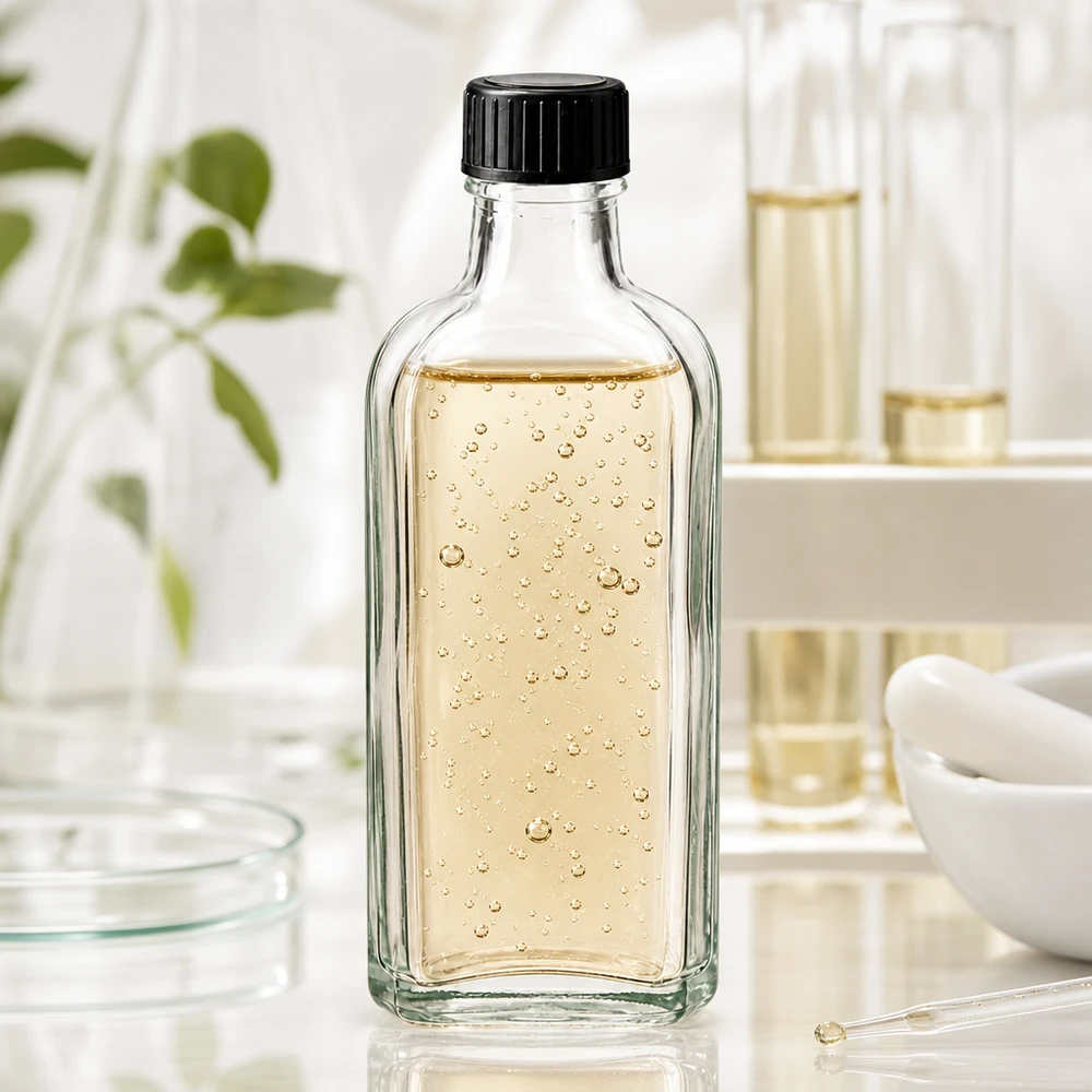 Flasque transparente de 100 ml au goulot DIN 22, avec bouchon à vis DIN 22 noir et joint LKD Flacon Meplat transparent de 100 ml avec joint LKD et huile dorée, en milieu de laboratoire