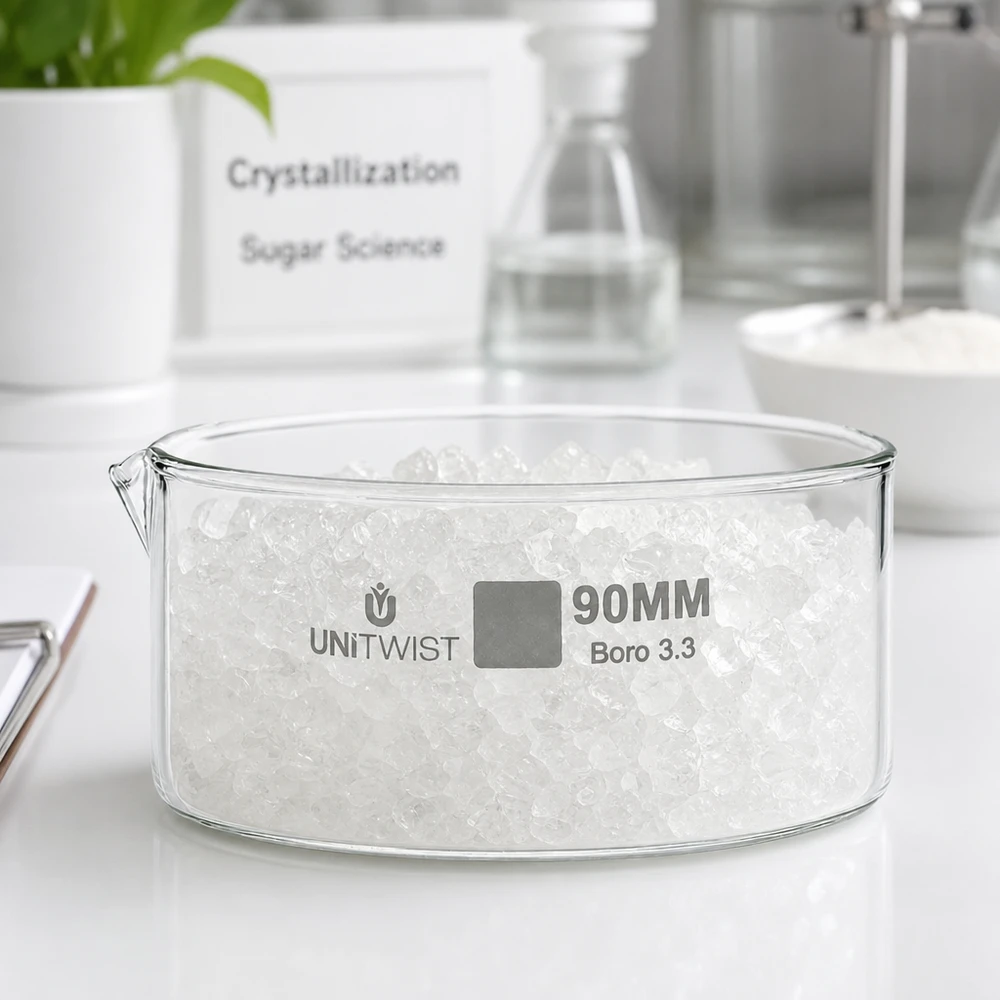 Cristallisoir ø90mm verre borosilicaté UNiTWIST Cristallisation du sucre dans un plat en verre plat de 90 mm en Boro 3.3 – Expérience de laboratoire UNiTWIST