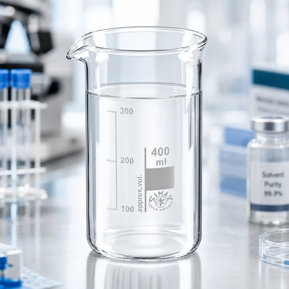 Bécher 400ml en verre borosilicate résistant à la chaleur (forme haute) Bécher vide de 400 ml, de forme haute, en verre résistant aux produits chimiques, à côté d'un flacon de solvant