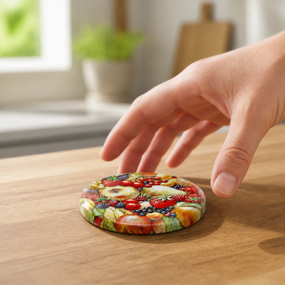BasicSeal TO82 : couvercle de conserve de 82 mm avec motif de fruits – Vue détaillée – Comparaison de taille – Main