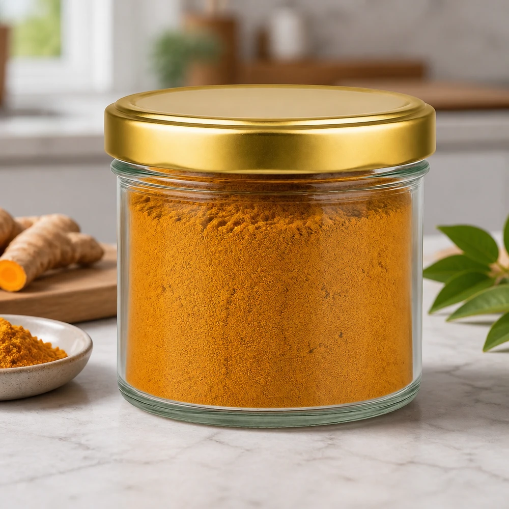 Verre cylindrique de 230ml avec couvercle doré BasicSeal rempli de poudre de curcuma Verre à épices Ambiance cuisine