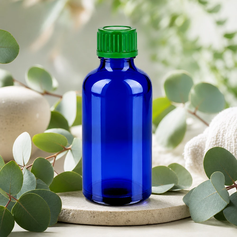 Flacon de 50ml 11mm SV vert STD BlueLine UT18/50 Elégant flacon bleu cobalt de 50 ml avec bouchon ergonomique vert pour les applications de laboratoire