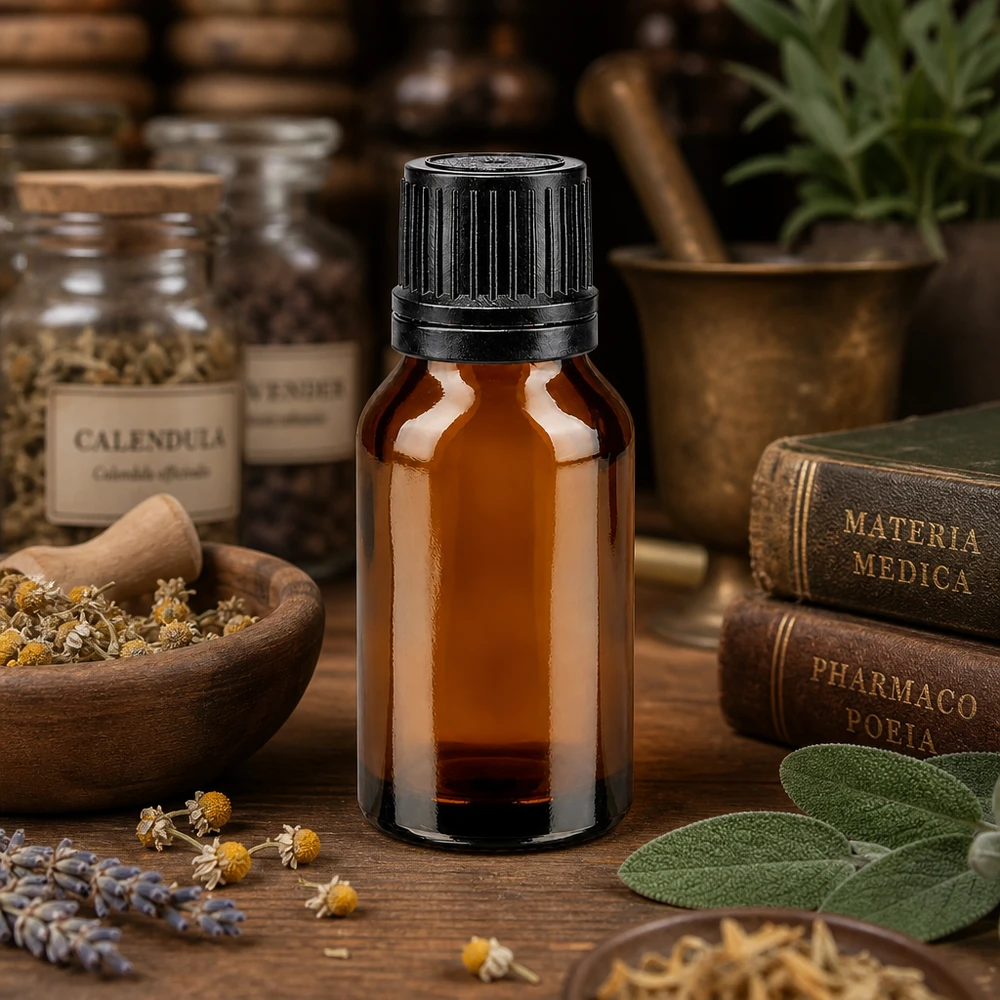 Plantes médicinales et flacon de pharmacie marron de 15 ml muni d'un bouchon compte-gouttes noir, devant d'anciens ouvrages de pharmacopée