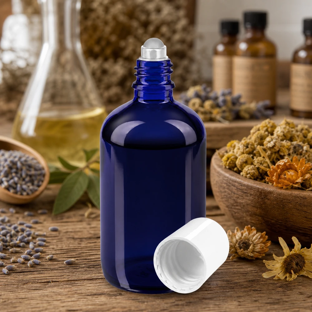 Flacon roll-on bleu de 100 ml STD avec bouchon blanc, dans un environnement dédié à la médecine naturelle
