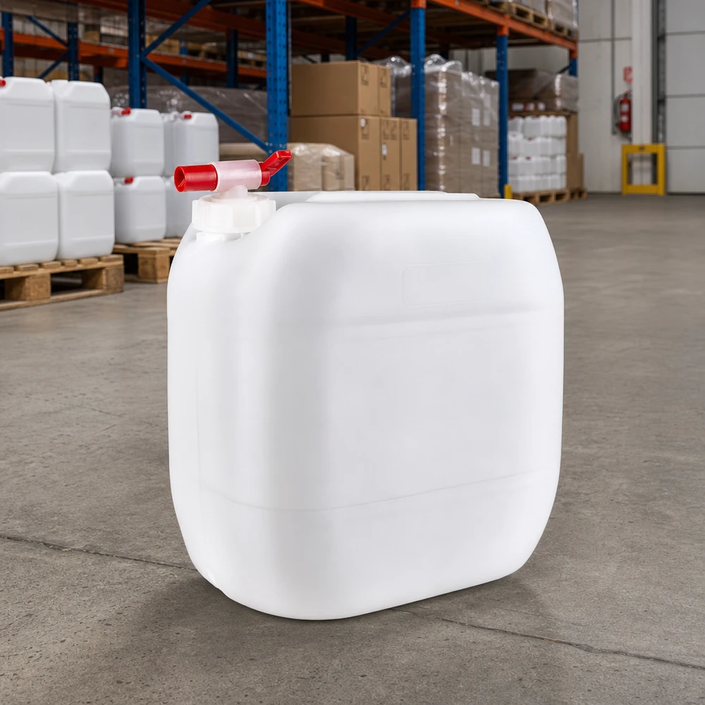 Jerrican de 30 litres avec robinet Bidon industriel empilable de 30 litres muni d'un robinet, entouré de rayonnages de stockage et de palettes