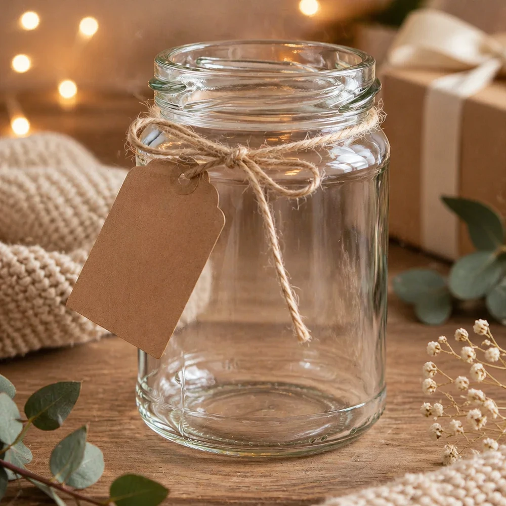 205ml Verre rond sans couvercle (TO58) UNiTWIST UNiTWIST Runda205 Pot rond 205ml TO58 Pot de conservation avec pendentif en papier kraft et ficelle de jute sur table en bois
