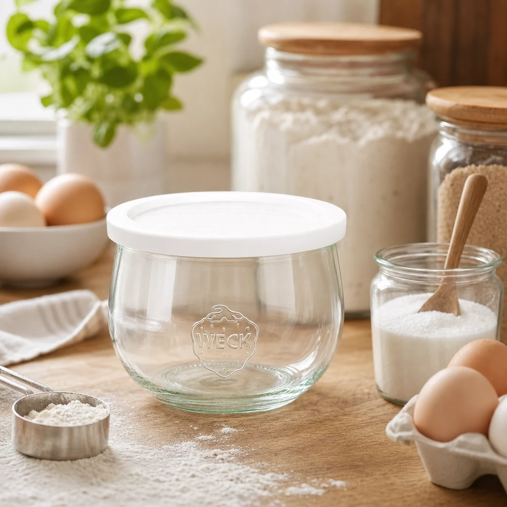 WECK Pot tulipe 580ml RR100 vide avec couvercle fraîcheur dans la boulangerie entouré de farine d'œufs et d'ingrédients de cuisson