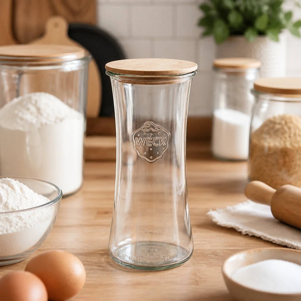 700ml bocal à gourmandises WECK RR80 avec couvercle en bois WECK Pot à délicatesse 700ml RR80 vide avec couvercle en bambou dans la cuisine entouré d'ingrédients de boulangerie farine oeufs boîtes à provisions