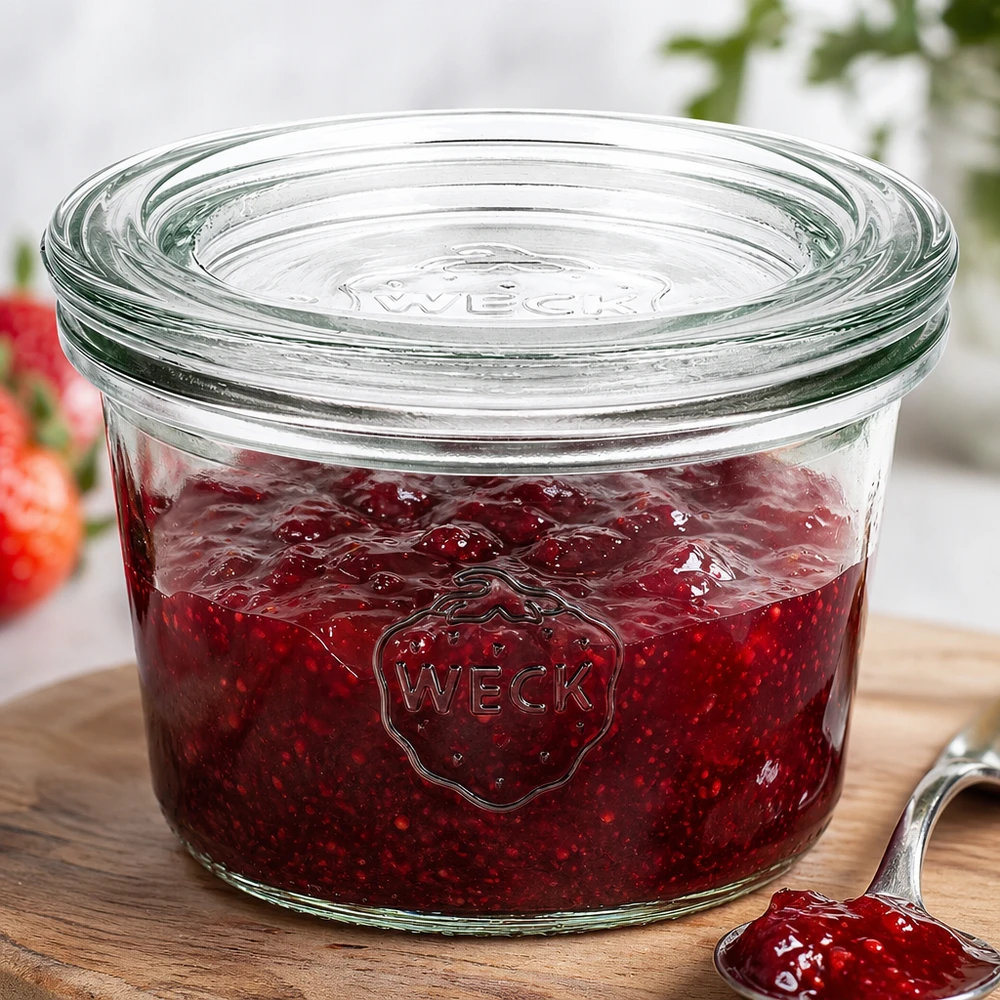 Bocal en verre de 80 ml avec couvercle en verre WECK RR60 WECK Pot renversé 80ml RR60 rempli de confiture de fraise rouge montre une utilisation pratique pour la mise en conserve de confitures