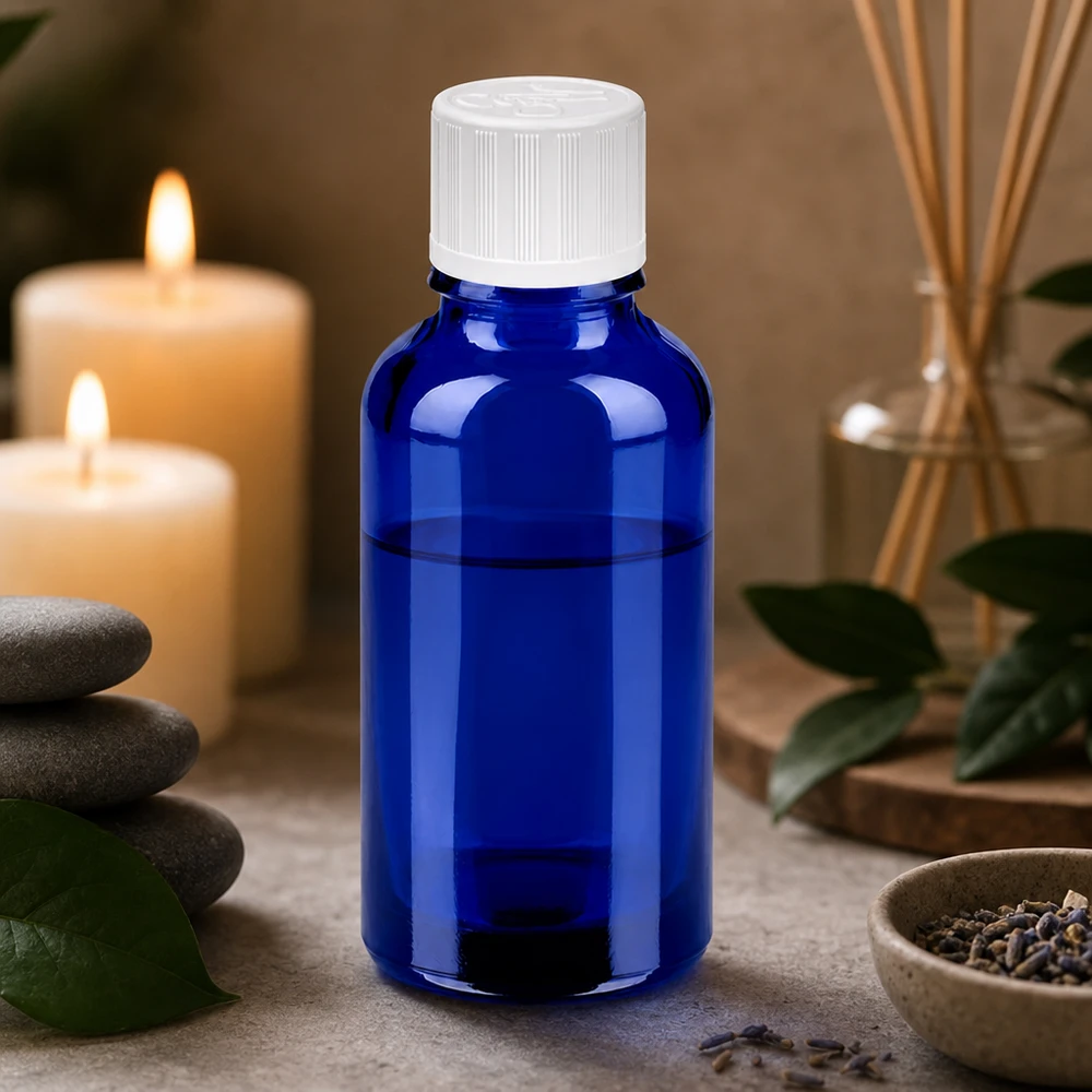 Flacon 30ml 11mm SV w. STD KiSi BlueLine UT18/30 Bouteille de 30ml en verre bleu foncé avec couvercle blanc pour l'aromathérapie et le bien-être