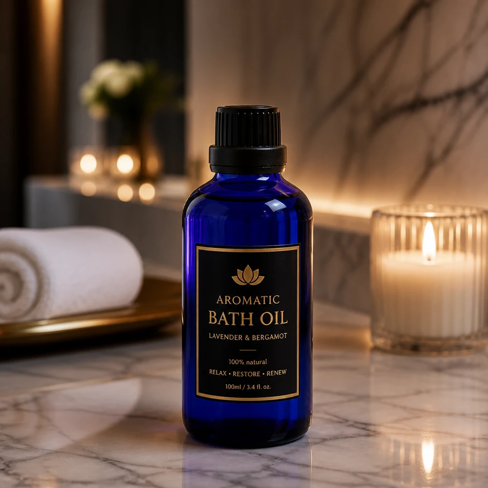 Flacon en verre bleu cobalt de 100 ml muni d'un compte-gouttes, pour une huile de bain à la lavande et à la bergamote, dans une ambiance spa