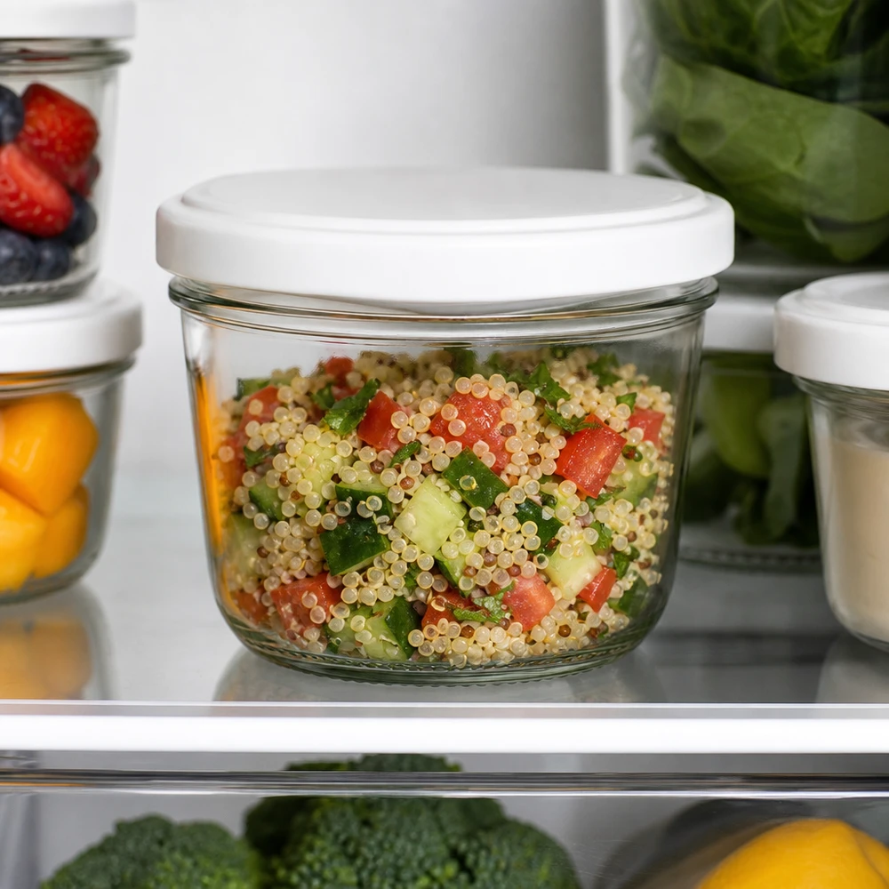 230ml Verre conique avec couvercle BasicSeal blanc UNiTWIST Pot renversé de 230 ml contenant une salade de quinoa au réfrigérateur - conservation pratique de Meal Prep pour des repas sains