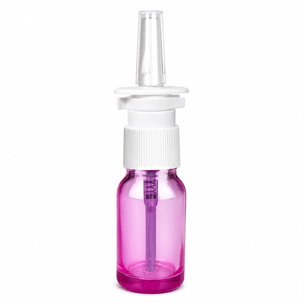 Vaporisateur nasal de 10ml blanc/transparent standard PurpleLine. UT18/10 Bouteille médicale compacte de 10 ml, transparente et violette, avec embout pour pulvérisation nasale
