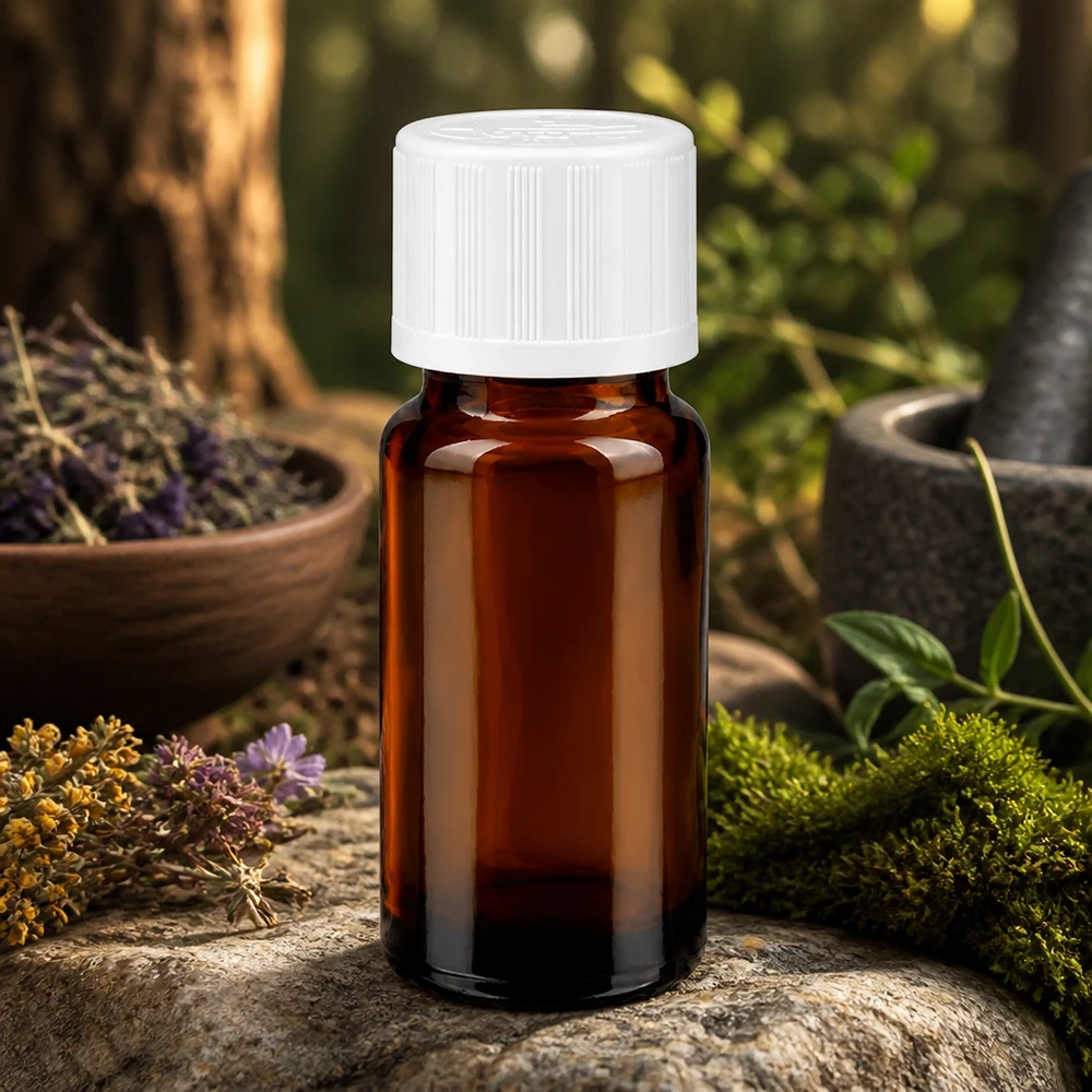 Flacon de pharmacie brun 10ml bouchon vissable blanc sécurité enfant Flacon de pharmacie de 10 ml en verre ambré, muni d'un bouchon blanc à l'épreuve des enfants, dans un décor naturel à base de plantes
