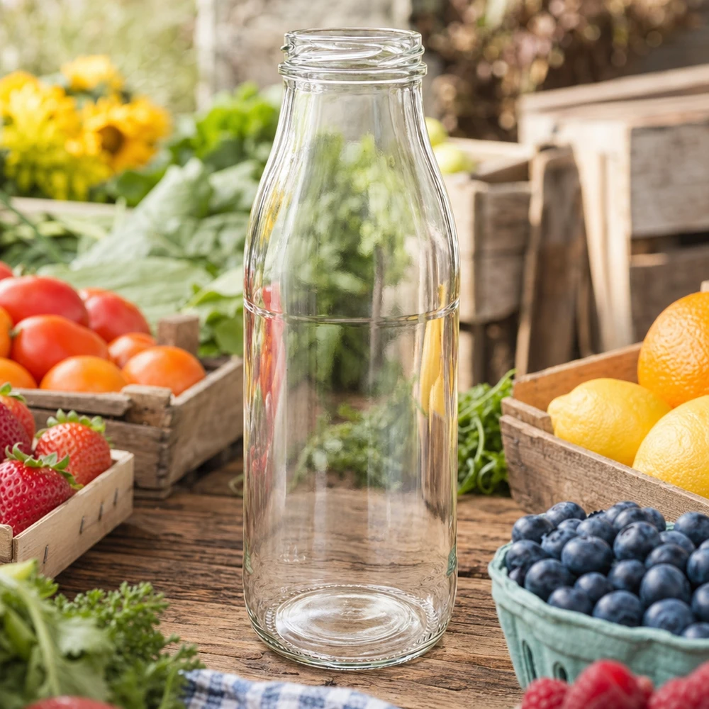 Bouteille en verre de 500 ml TO48 UNiTWIST vide sur une table en bois rustique entourée de fruits et légumes frais dans des caisses en bois