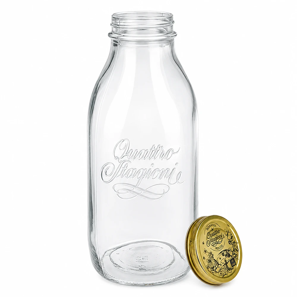 Bouteille en verre 1000ml « Quattro Stagioni » avec couvercle Bouteille en verre Quattro Stagioni 1000ml avec couvercle doré amovible, écriture en relief, design classique de bouteille de lait