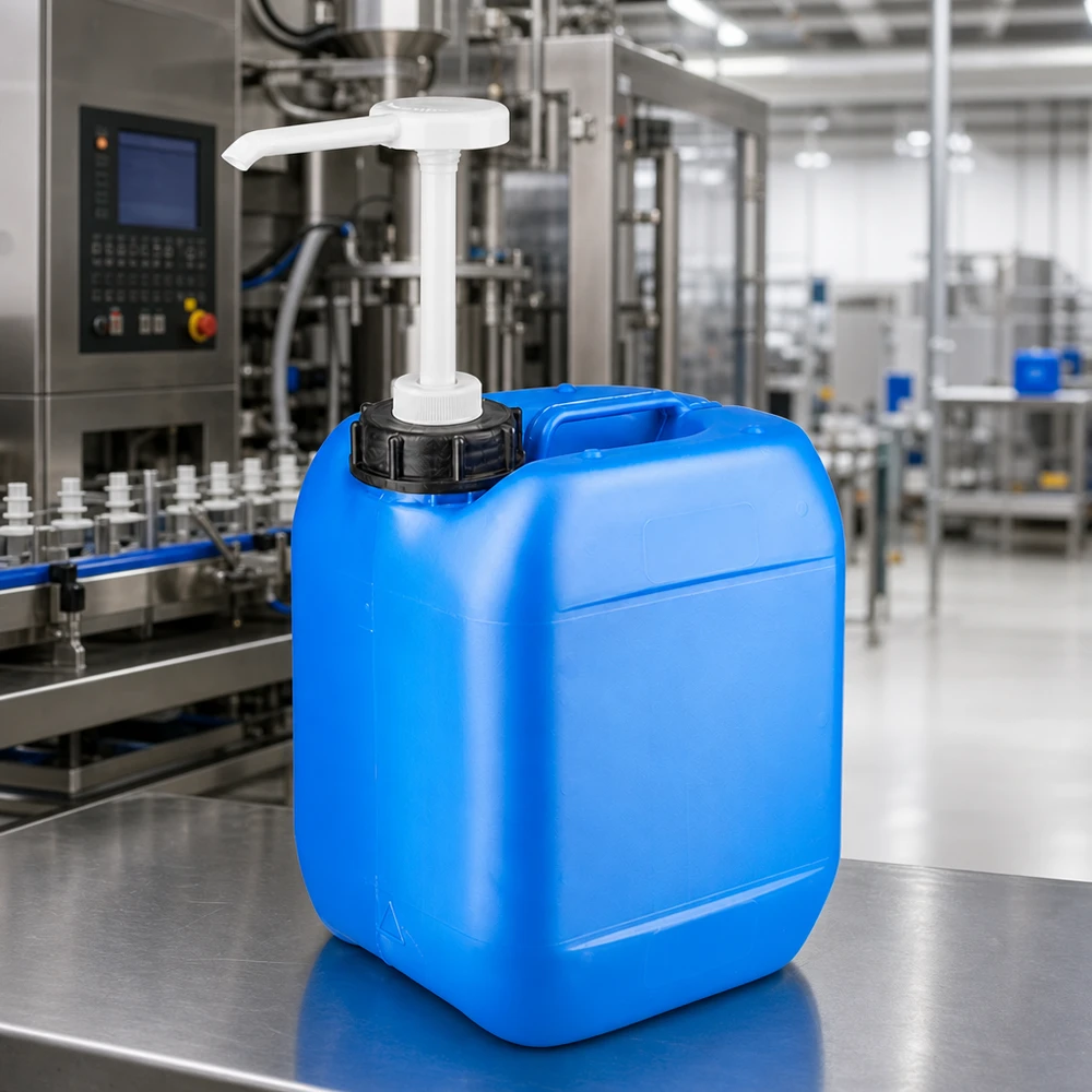 Bidon robuste en PEHD de 5 litres, bleu, équipé d'une pompe blanche, dans un atelier de production
