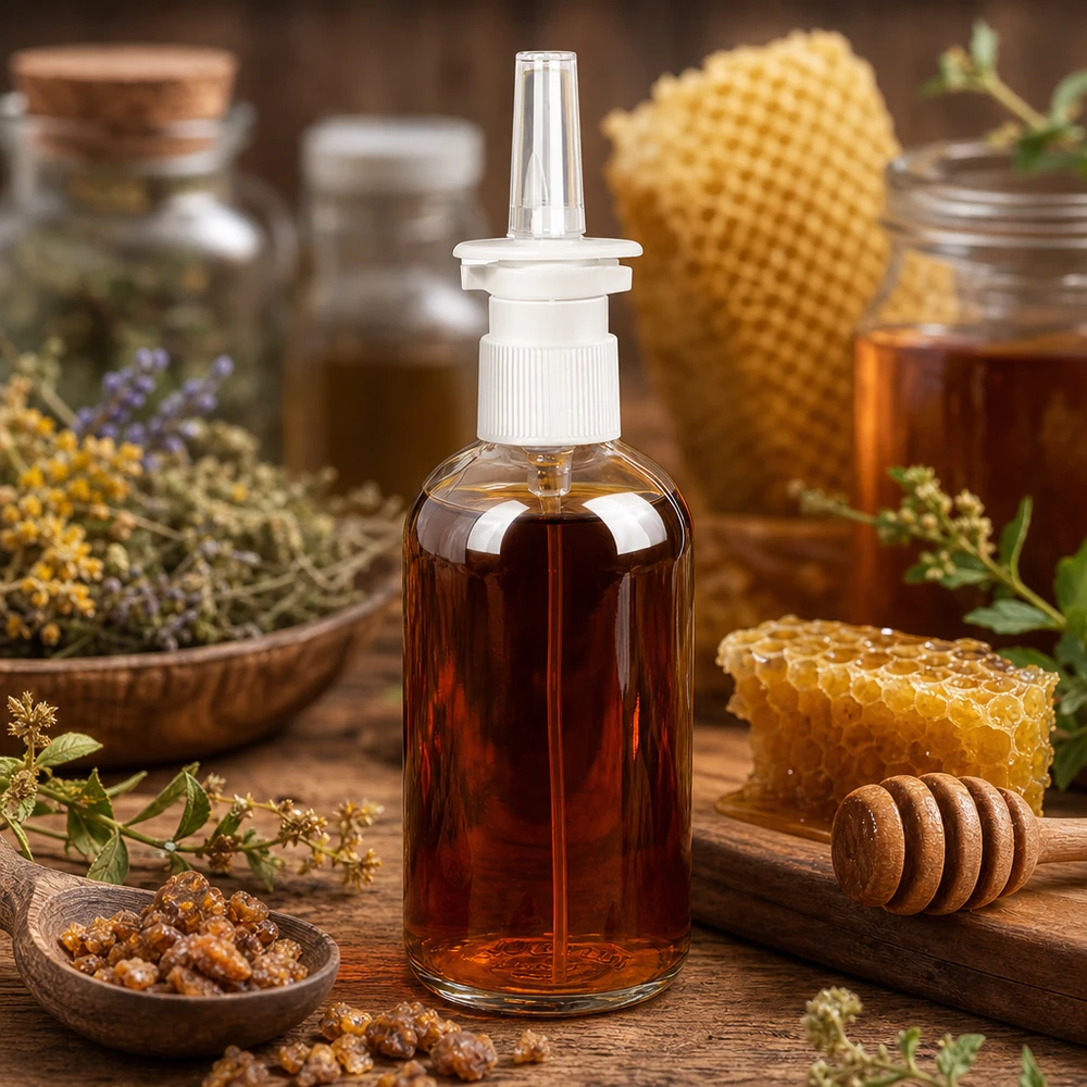 Flacon de spray nasal ClearLine de 100 ml contenant de l'extrait de miel, ainsi que des rayons de miel et des herbes