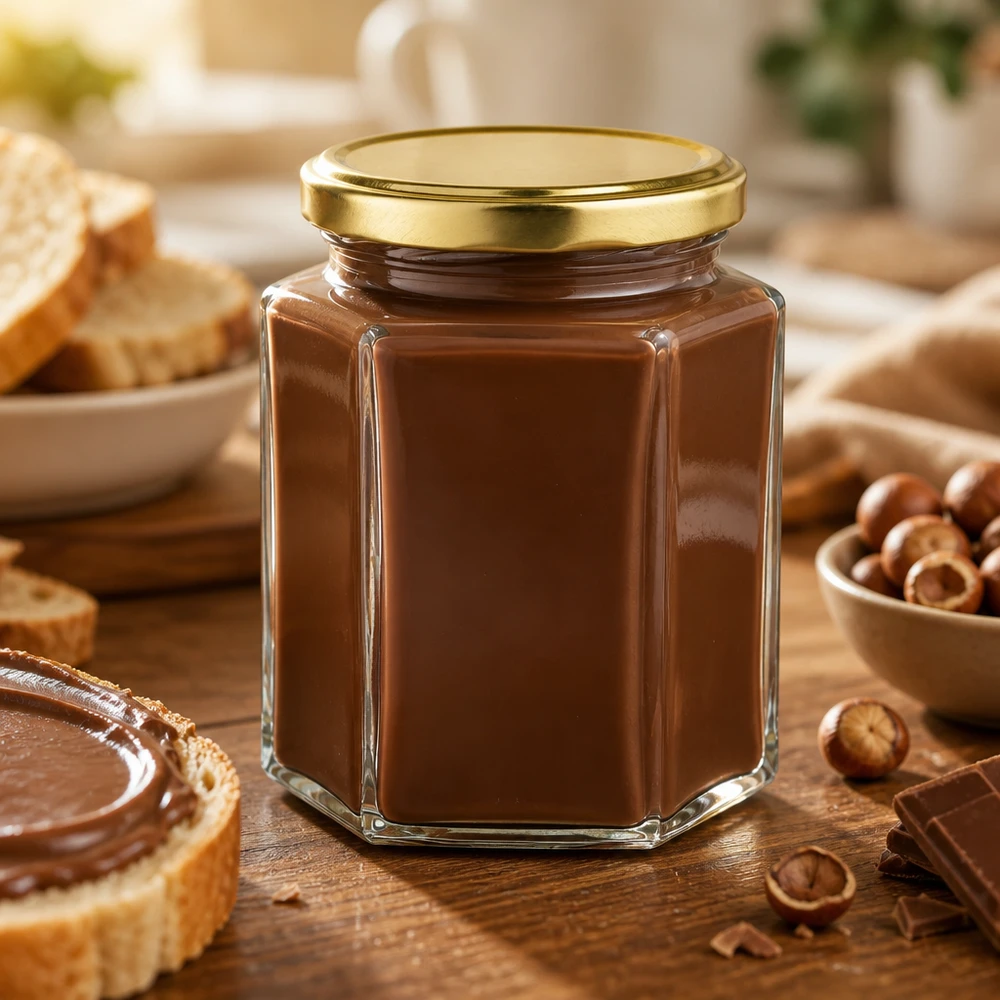 Hexaglas 191 ml + couvercle BasicSeal doré UNiTWIST® Pot Hexaglas UNiTWIST de 191 ml avec couvercle BasicSeal doré, rempli de crème de noisettes et de nougat, posé sur une table en bois