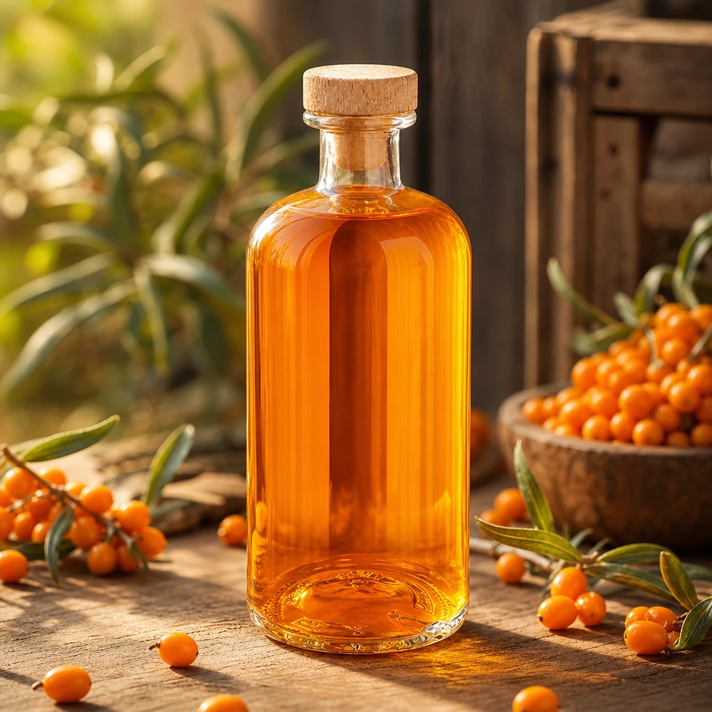 Flacon à pharmacie « Flora » 500 ml avec bouchon en bois UNiTWIST® Bouteille en verre Flora 500ml avec bouchon en bois orange Huile d'argousier entre baies d'argousier sur table en bois Produit naturel