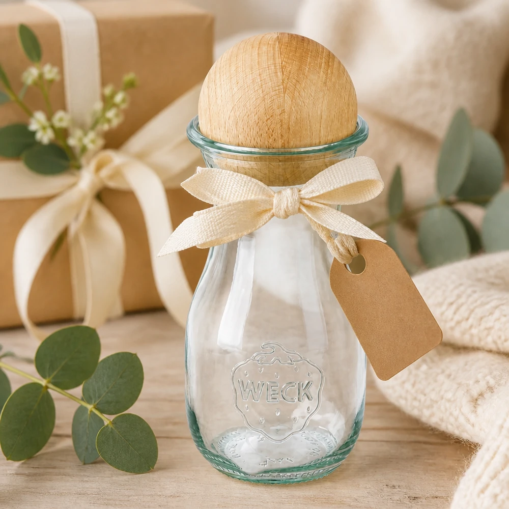 290ml Bouteille à jus de fruits WECK RR60 avec boule en bois en hêtre WECK Bouteille de jus 290ml RR60 emballée comme cadeau avec un ruban et un pendentif à côté de la décoration d'eucalyptus