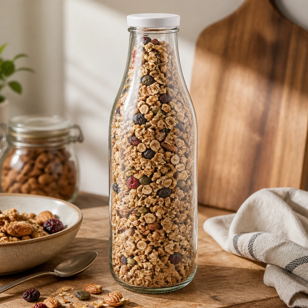 1000ml Bouteille avec couvercle BasicSeal blanc UNiTWIST Bouteille en verre 1000ml avec couvercle BasicSeal blanc remplie de muesli granola noix fruits secs conservation