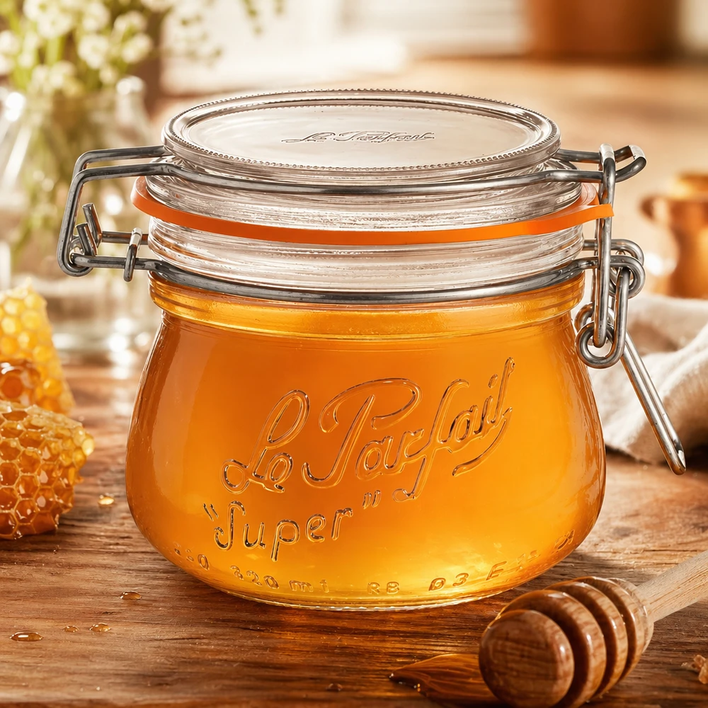 Bocal Le Parfait® 250 ml Ø70 mm conserve 250ml Le Parfait Super Pot à provisions avec fermeture à étrier rempli de miel sur planche en bois avec cuillère à miel