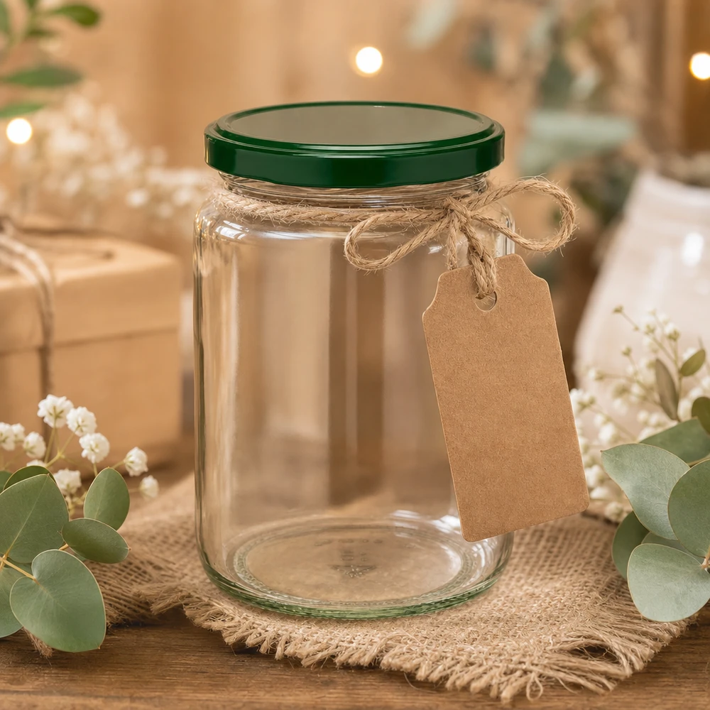 795ml Verre rond avec couvercle BasicSeal vert UNiTWIST 795ml UNiTWIST pot rond avec couvercle vert, pendentif en papier kraft et ficelle de jute - emballage cadeau rustique