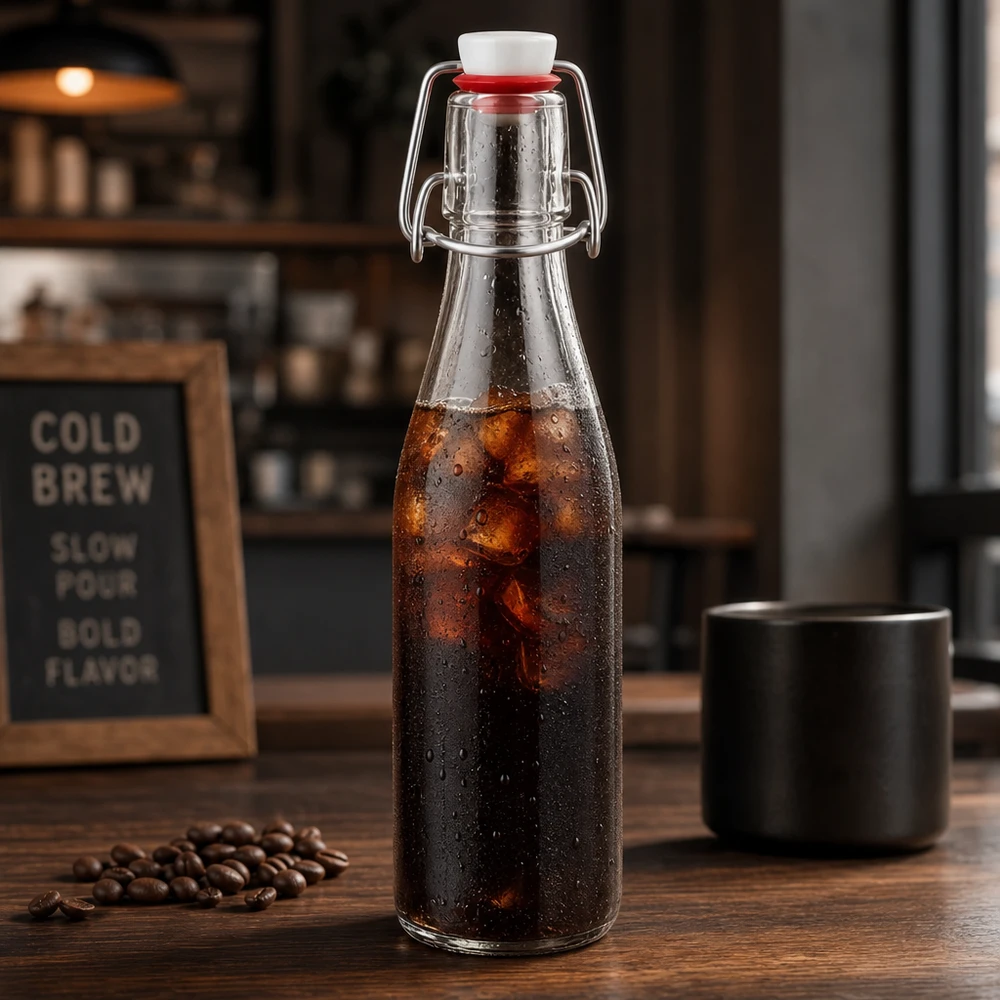 Bouteille en verre de 250 ml + bouchon mécanique en porcelaine UN.. 250ml Glasflasche mit Bügelverschluss für Cold Brew Kaffee, edle Vintage-Optik mit Kaffeebohnen und schwarzer Tasse