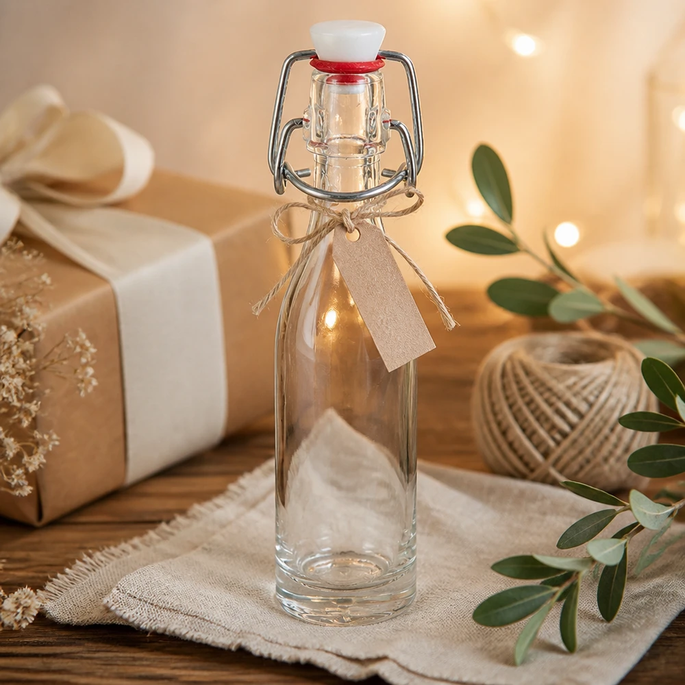 Bouteille en verre de 50 ml + bouchon mécanique PVC UNiTWIST Bouteille en verre décorative de 50 ml avec bouchon à étrier et ruban cadeau brun dans une scène d'ambiance naturelle