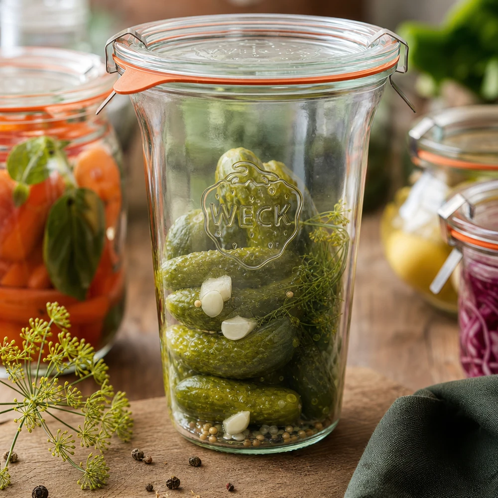 WECK Quadroglass 795ml RR100 avec cornichons marinés et épices en conserve prête à l'emploi sur une table rustique en bois